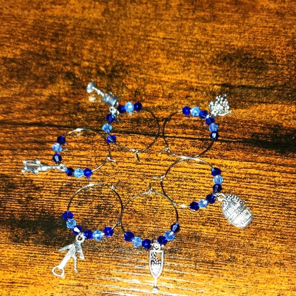 Blue Beaded Wine Glass Charms Set - Picture 1 of 4